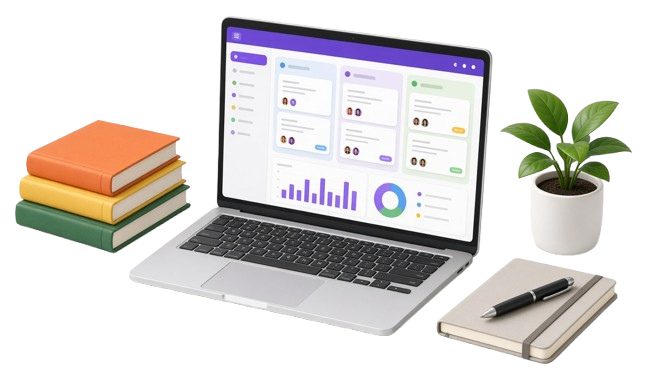 Bàn làm việc với laptop quản lý công việc